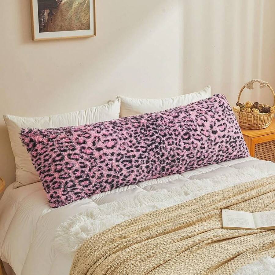 20x54 Fluffy Cheetah Print Body Pillow Cover, Leopard Print Plush Fuzzy Pillowcase With Zipper, Farmhouse Shaggy Long Pillow Cover Women Side Sleepers, Pink - 獵豹印花黑色和粉紅色 - 查看 1