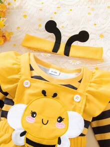 3pcs Baby Girls Outfit Set: Yellow & Black Striped Romper, Embroidered Bee Suspender Dress (With Ruffle Hem And Headband) - Multicolor - View 5