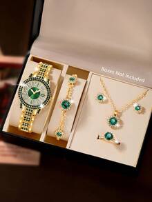 1 Set Women's Fashion Jewelry Set: Green Crystal Watch, Includes Necklace, Earrings, Bracelet And Ring, Suitable For Daily Wear, Birthday Gift, Party, Holiday Gathering, Also An Ideal Gift For Yourself Or Friends. Packaging Not Included. - 綠色 - 查看 2