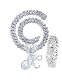 银色女士项链 A-Z 首字母个性化嘻哈经典蝴蝶字母吊坠链项链和手链套装饰物 26 个幸运字母，适合男女日常佩戴情人节时尚珠宝礼物，妈妈，母亲，母亲节，礼物 - 蝴蝶型 - 查看 67