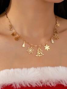 1 Pc Winter Snowflake Christmas Tree Snowman Charm Necklace - Gold Tone Minimalist Christmas Pendant Necklaces, Holiday Festive Jewelry Gift For Women & Girls