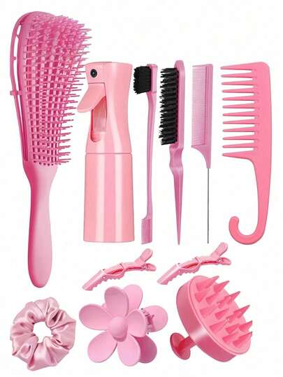 11 piezas/Set Kit de herramientas para peinado de color rosa, incluye peine, cepillo con cojín, botella rociadora, lazos para el cabello, pasadores, etc. Esquema de color rosa fresco y femenino. Adecuado para el peinado diario de flequillo, trenzado, peinado y cuidado del cabello, esencial para niñas y mujeres, cubre todas sus necesidades diarias de cabello, cada cepillado es un proceso embellecedor. Kit de peinado, Kit de herramientas para el cabello, Herramientas de peinado