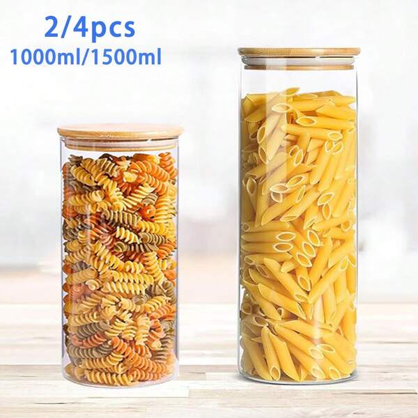 2/4 piezas, Recipientes de almacenamiento de vidrio de 1000ml/1500ml con tapa, Organización y almacenamiento, Frascos para especias, Tarro de galletas, Recipiente de almacenamiento de café, Almacenamiento de cocina, Recipiente para especias, Tarros de vidrio herméticos