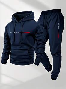Men's Paris Print Hoodie And Sweatpants Set - Autumn And Winter Multi Color Casual Sportswear - 藏蓝色 - 查看 1