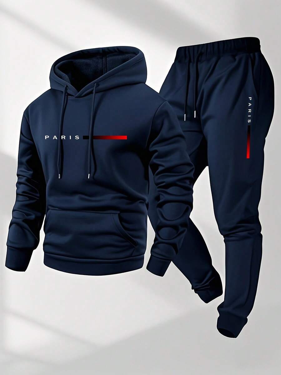 Men's Paris Print Hoodie And Sweatpants Set - Autumn And Winter Multi Color Casual Sportswear - 藏蓝色 - 查看 1