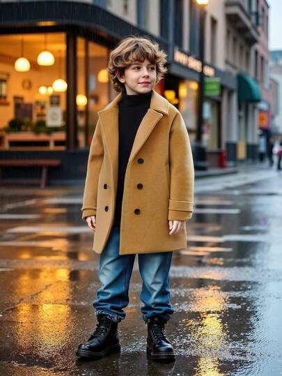 Autumn/Winter Fashion British Style Solid Color Lapel Coat Jacket For Big Kids Boys, Children Long Wool Overcoat