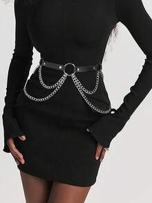 1pc Women's Leather Waist Chain Harness Belt Accessory - Black - View 7