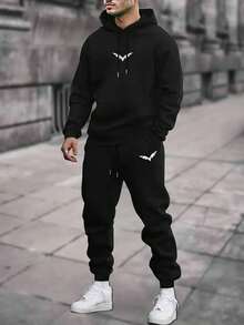 Urban Cool, Men's Casual Sportswear Set - Geometric Print Hoodie & Joggers, Loose Fit, Stretch Fabric, Machine Washable - 黑色4 - 查看 1