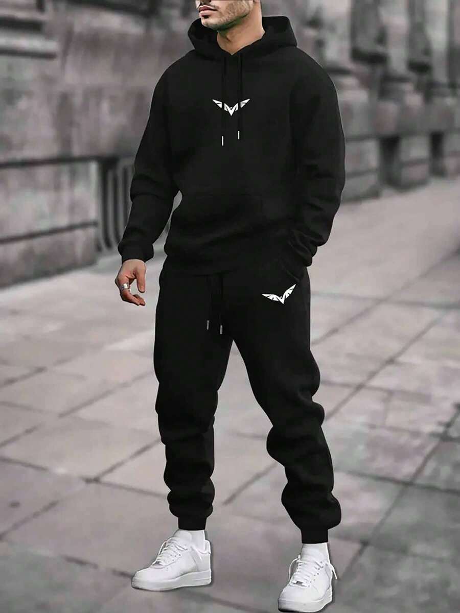Urban Cool, Men's Casual Sportswear Set - Geometric Print Hoodie & Joggers, Loose Fit, Stretch Fabric, Machine Washable - 黑色4 - 查看 1