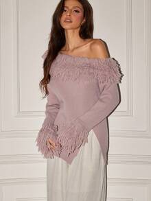 Women's Retro Elegant French Street Solid Color Tassel Oblique Shoulder Long Sleeve Slit Hem Fit Pullover Sweater Cuffed Oneneck Offshoulder Fringed Sweater, Fall Winter