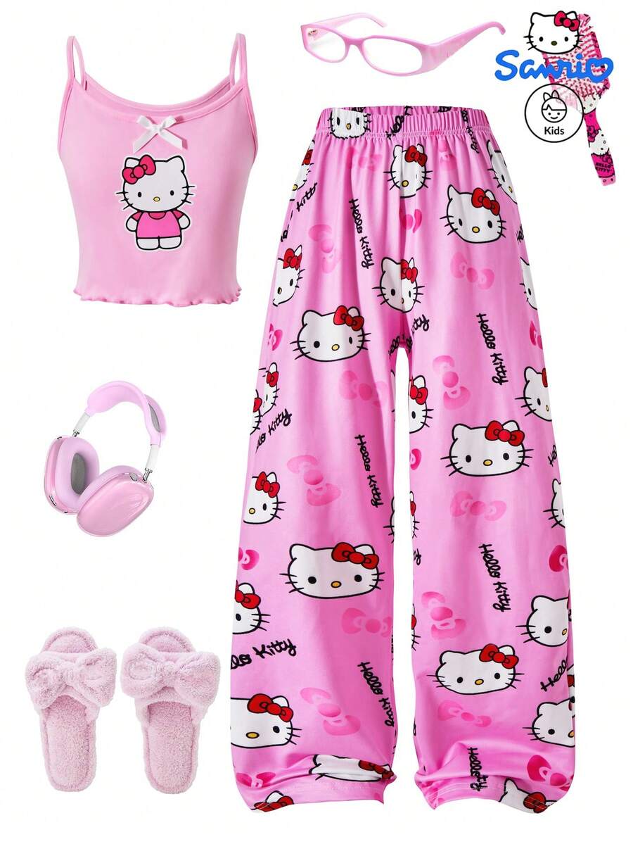 Sanrio Girls' Fashionable, Casual, And Sweet New Two Pieces Vest Set, Authorized By Sanrio With Hello Kitty Printed Vest And Pants, Suitable For Summer Home Wear