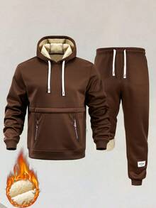 Men's Thermal Lined Sports Suit, Sweatshirt And Pants Set, Suitable For Outdoor Sports, Gym Workout, Autumn/Winter - Khaki - View 1