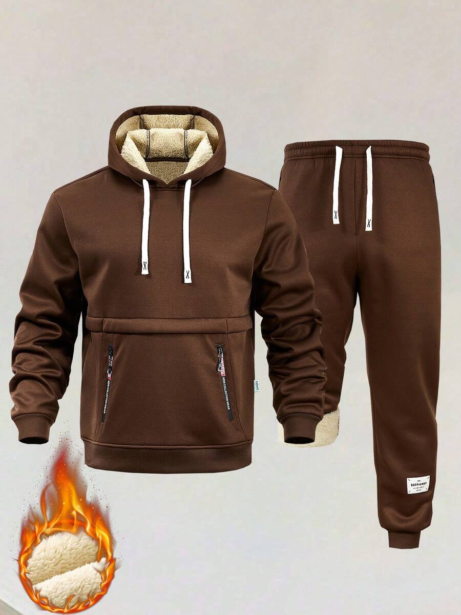 Men's Thermal Lined Sports Suit, Sweatshirt And Pants Set, Suitable For Outdoor Sports, Gym Workout, Autumn/Winter - Khaki - View 1