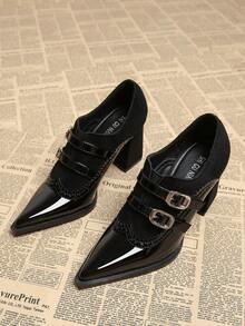 2025春季新款尖头低帮高跟鞋优雅简约时尚女鞋黑色系带布洛克雕花骑士风英伦风粗跟浅口鞋 - 黑色 - 查看 3