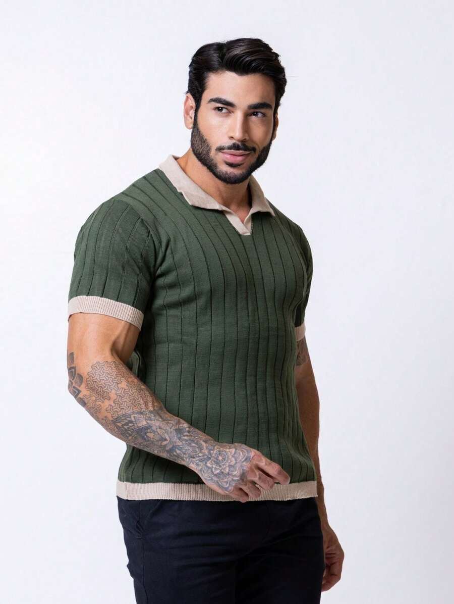 TRICOT DE LUXO Men's Lightweight Textured Polo Collar Knit T-Shirt, High Quality, Spring, Summer, Autumn, Premium Quality - xanh quân đội - Xem 1