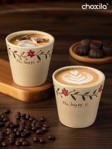 choxila 1个200毫升陶瓷杯，复古藤编花环咖啡杯套装，茶杯，奶茶杯，抹茶杯，法式字母咖啡杯，花朵杯垫，可爱花朵杯，北欧简约复古家居水杯，甜点杯，适用于中东红茶、阿拉伯咖啡，大容量美式咖啡杯，沙特阿拉伯国庆节 - 咖啡杯碟 - 查看 2