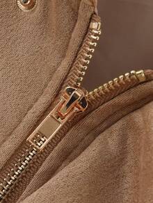 MUMRAP 女士休闲街头风翻领夹克，复古长袖拉链宽松外套，春季款 - 卡其色 - 查看 10