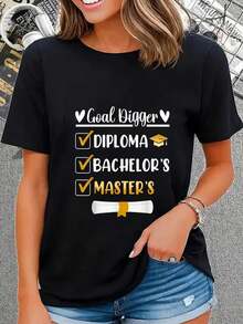Camiseta negra de manga corta con cuello redondo y estampado "Achieve Your Dreams" para mujer, de algodón de 180 g, con la divertida lista de verificación "Goal Digger" (diploma, licenciatura o maestría). Regalo perfecto para graduados, estudiantes y personas con motivación. - Negro - Ver 2