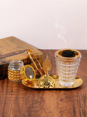 1Pc/1Set Vintage And Opulent Glass Incense Burner/Incense Holder, Ornate Gold Incense Burner, With Delicate Luxury Centerpiece Design. Indoor Incense Burner, Sandalwood Burner, Tea Ceremony Decoration