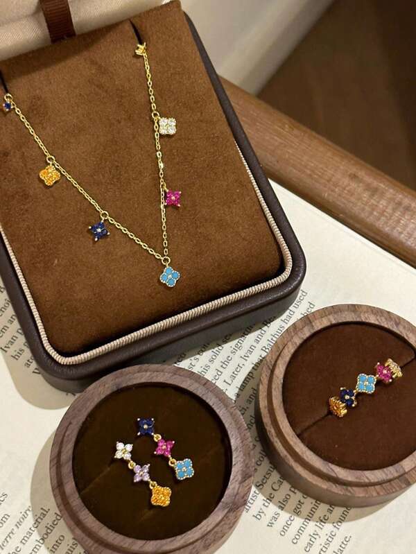 Rainbow Clover Enamel Ring - Women Necklace Earrings Set - Dopamine Color Ring - Delicate & Exquisite Design - Premium Luxury