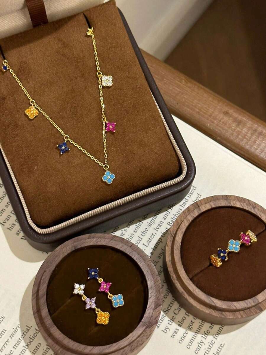 Nhẫn men hình cỏ ba lá cầu vồng - Bộ dây chuyền và bông tai dành cho nữ - Nhẫn màu Dopamine - Thiết kế tinh tế và sang trọng - Cao cấp - Nhiều màu - Xem 1
