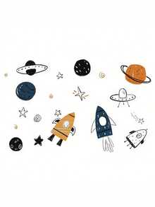 1 件外太空幼儿园墙贴 - 火箭飞船、宇航员和星球装饰，适用于男孩房间 - 乙烯基装饰，充满乐趣和想象力的太空主题婴儿淋浴家庭装饰礼物 - 彩色 - 查看 14