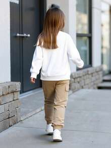 2 件套青少年女孩春秋长袖运动衫和工装裤套装，蝴蝶和字母印花，休闲，舒适，时尚 - 卡其色 - 查看 3