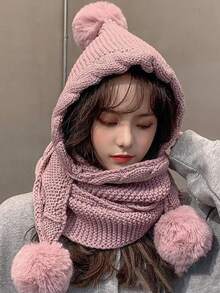 Damen gestrickter Hut mit Schal, süßer Bommel Ohrenschutz, dick & warm, vielseitig für Herbst/Winter