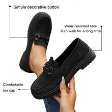 Women's Autumn/Winter New Comfortable Thick Sole Casual Daily Commute Black PU Versatile Flats, Fashionable School Style Slip-On Decorated Button Loafers, Mary Jane Student Shoes - Black - View 3