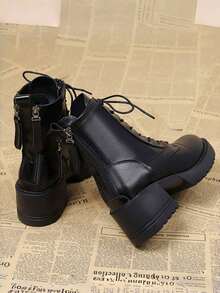 2025年秋冬新款欧洲靴，女式粗跟短靴，女靴 - 黑色 - 查看 4