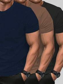 Kit 3 Men's Basic Casual Plain Cotton T-Shirts 30.1 - Navy Blue/brown/black - View 1