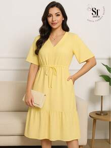Women's Short Ruffle Dress Casual Duna Short Sleeve Midi Party Evangelical Fashion Elastic Waist. - 淡黃色 - 查看 1
