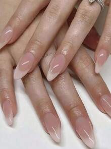 24 Peças Adesivos de Unhas Francesas Degradê em Formato de Amêndoa Curta com 1 Peça de Cola de Gel Gelatinoso