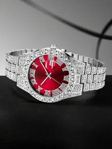 3pcs/Set Men's Stainless Steel Band Watch With Classic Roman Numeral Dial, Calendar Function, Blue Dial, Quartz Movement, Suitable For Daily Wear And Decoration, Also Can Be Given As Holiday Gift To Friends Or Father - Red - View 3