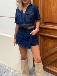 Women's 2 Piece Denim Set Short Sleeve Lapel Crop Jean Tops And Asymmetrical Wrap Skirt Shorts Outfit Streetwear
