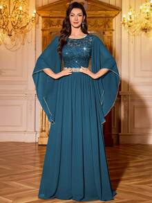 MIUSOL Đầm maxi dự tiệc trang trọng bằng chiffon, cổ tròn, tay cánh bướm, viền bèo nhún, đính sequin và ren hoa. - Màu xanh bụi bặm - Xem 2