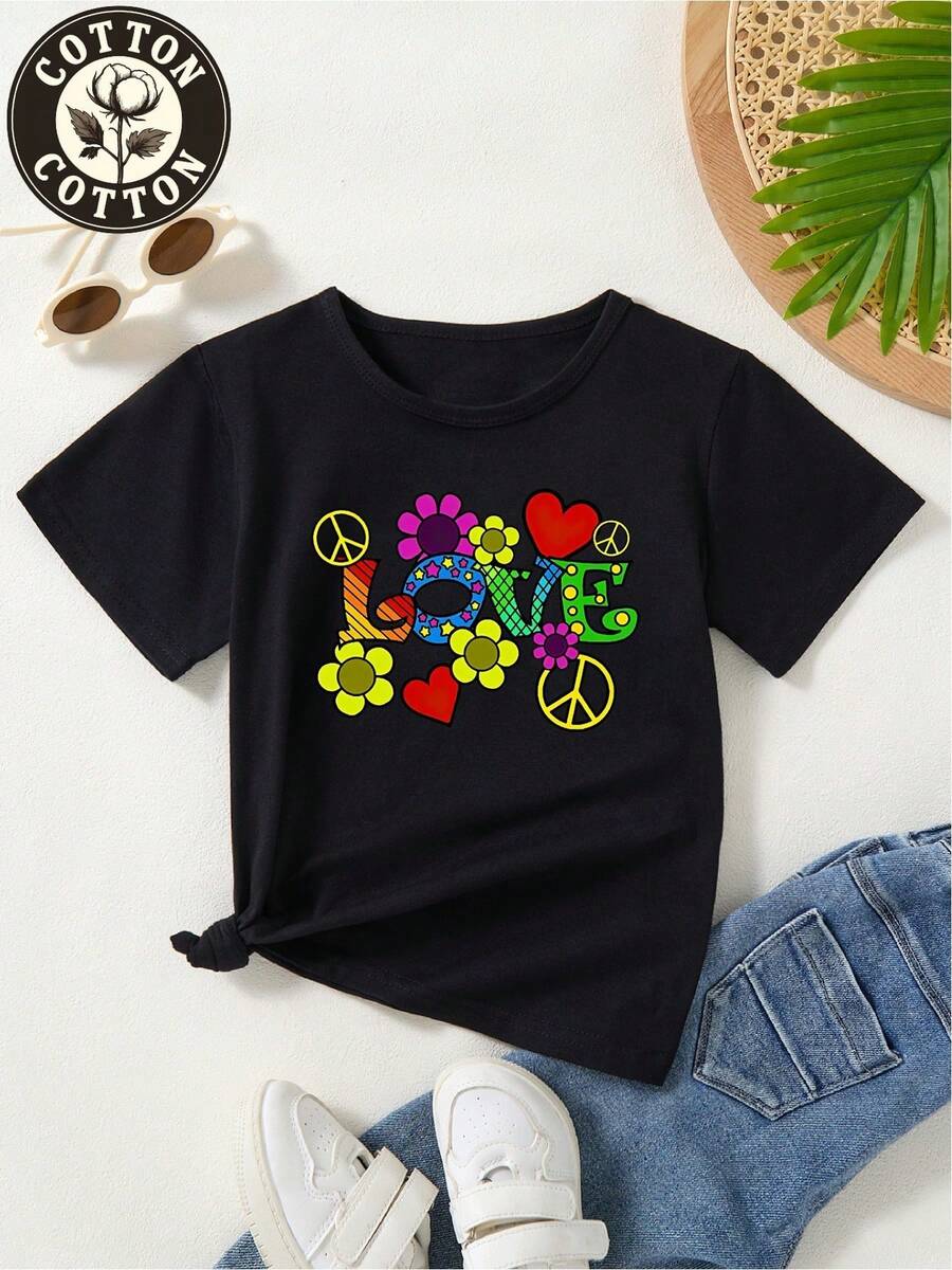 Camiseta gráfica negra de algodón de 180 g para mujer: estampado de paz y amor, cuello redondo, manga corta informal, diseño de corazones y flores de colores, cómoda para el día a día.