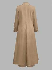 Set 2 bucăți pentru femei, elegant, cu cămașă și pantaloni, culoare solidă, cu crăpături laterale, stil naveta, început de toamnă - Kaki - Vizualizare 2