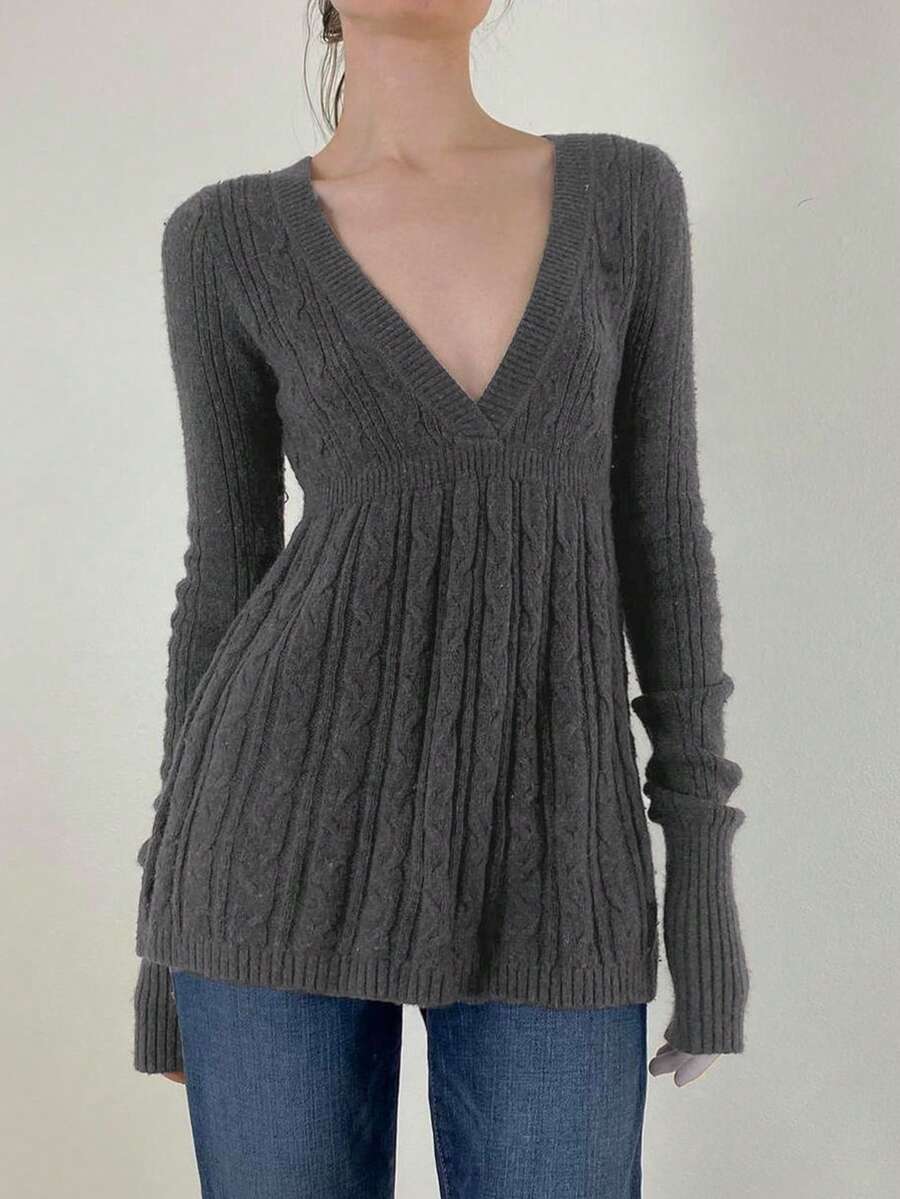 Women's Fall Sweater Long Sleeve V Neck Cable Knit Ruffle Babydoll Sweater Tops - Grey - View 1