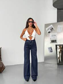 SQUALO Women's Wide Leg Color With Pocket Details Destroyed Retro Washed Street Style Jeans Ripped And Cutout Wide Leg Jeans - Navy Blue - View 4