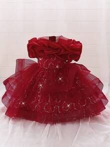 Baby Girls Sequin Mesh Cute Birthday Princess Dress, Suitable For Party, Celebration, Outing, Does Not Include Headband - Burgundy - View 3