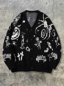 ANDREILEE Men's Casual V-Neck Printed Long Sleeve Sweater, Loose Fit Streetwear Style, Versatile For Spring, Autumn, Winter - Black - View 2