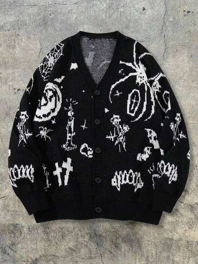 ANDREILEE Men's Casual V-Neck Printed Long Sleeve Sweater, Loose Fit Streetwear Style, Versatile For Spring, Autumn And Winter