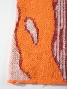 男女皆宜的蓬松抽象几何图案提花针织套头毛衣，休闲学院风，适合春、秋、冬三季穿着，长袖上衣 - 橘色 - 查看 6