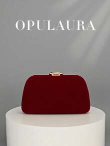 OpulAura 女士复古时尚天鹅绒手拿包，蛇扣设计，欧美风格，高端简约盒形手提包，适合婚礼、庆典、正式活动、派对、单肩包、高品质链条肩带 - 酒紅色 - 查看 7