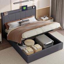MISNODE Upholstered Bed, Double Bed 140x200/160x200 Cm, Youth Bed With Hydraulic Storage And Slatted Frame, Metal Frame, Modern Bedroom Storage Bed, Without Mattress, Grey, Linen, Suitable For Adults And Teenagers - 灰色 - 查看 4