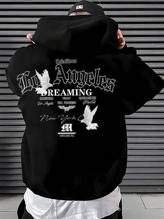 Men's Autumn Winter Black Hooded Sweatshirt With Drawstring And Pocket, "Los Angeles Dreaming" Graphic Print - AutumnTrends - Polyester Soft Casual Hooded Sweatshirt, Fall Wear SkateOutfitIdeas, ElegantCasual, Streetwear Essential, Urban - Inspired Daily Pullover