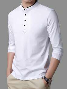 95% Cotton Men's Stand Collar Button-Up Long Sleeve Polo Shirt, Autumn - White - View 2