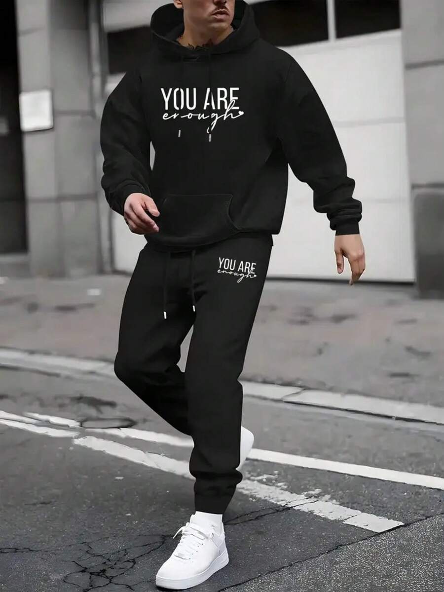 Men's Casual Sportswear Set, Polyester Hoodie And Sweatpants With "You Are Enough" Slogan, Geometric Pattern, Regular Fit, Spring/Autumn Collection, With Pockets - 黑色3 - 查看 1