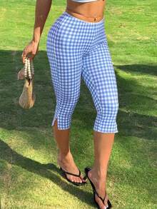 Women's Retro Skinny Fit Gingham Capri Pants With Delicate Lace Trim Side Slit Comfortable Cropped Trousers For Casual Daily Outfits - 藍色 - 查看 3